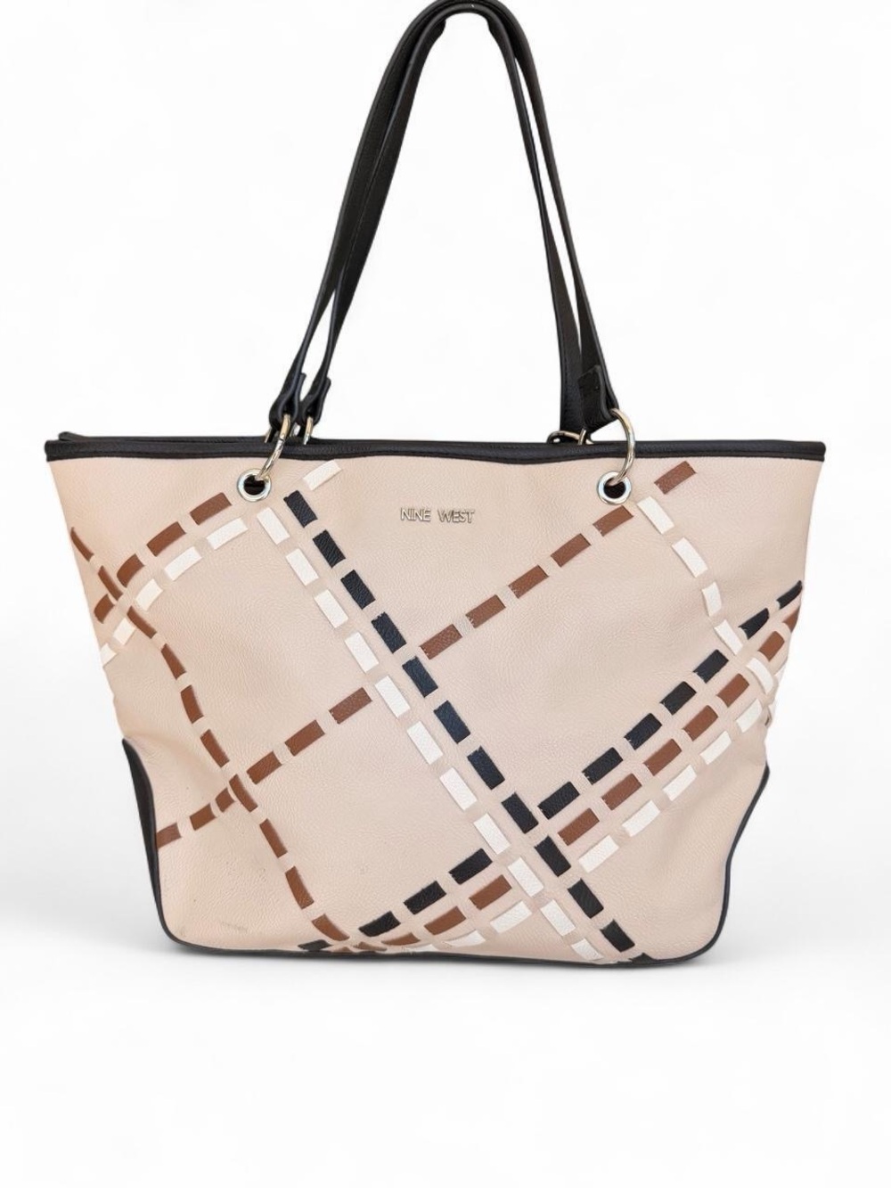 Nine West Beige Plaid Tote with Black Trim and Brown Accents